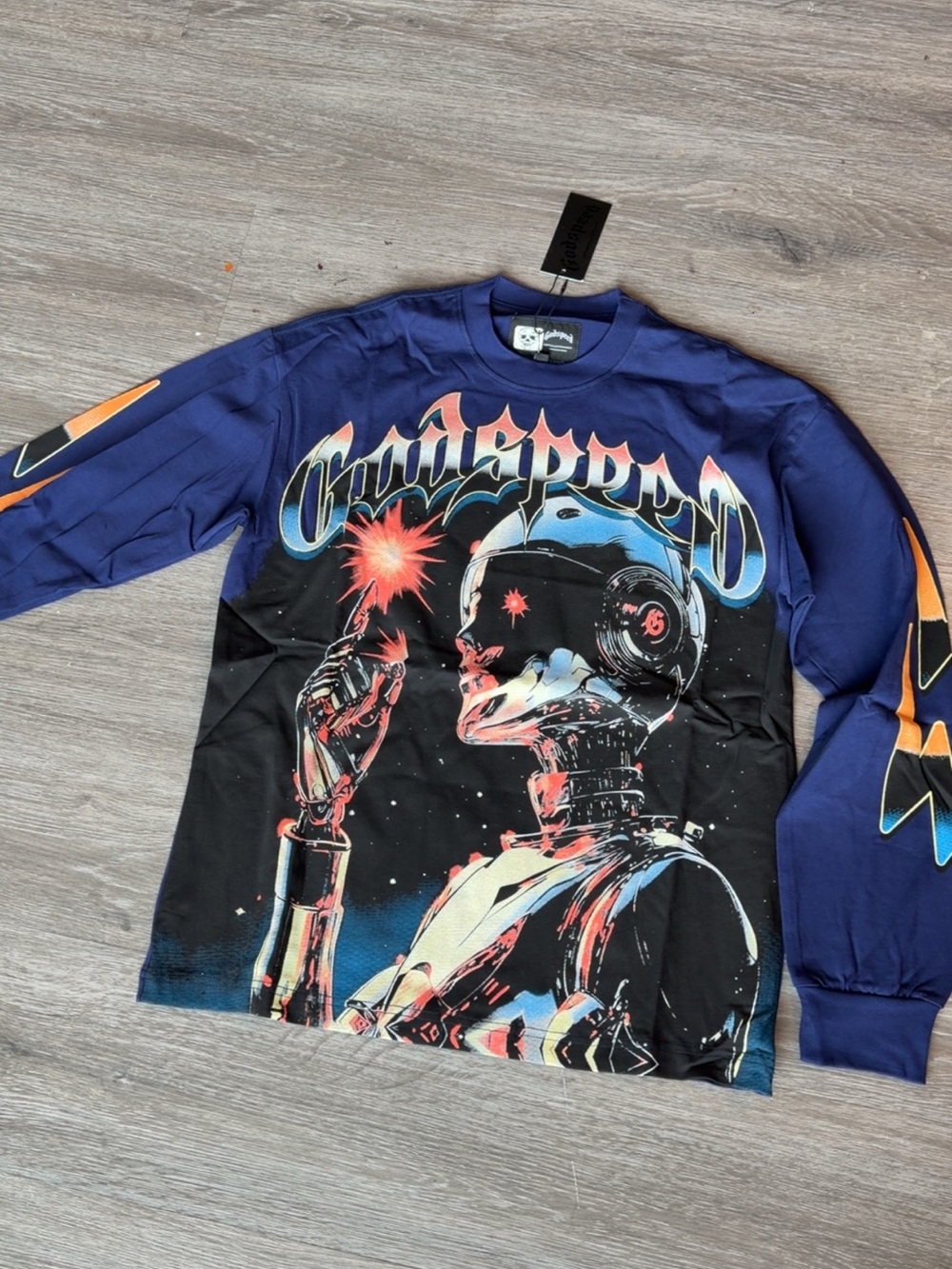 Graphic Long Sleeve Crewneck Shirt in Navy with Neon Print